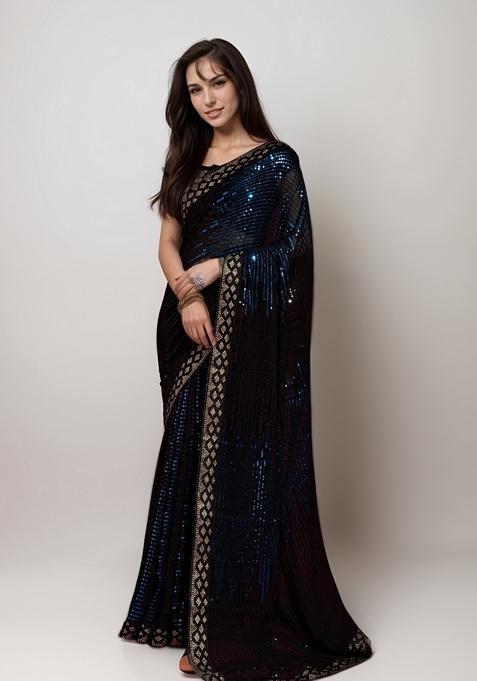 Petrol Blue Sequin Embroidered Georgette Saree Set