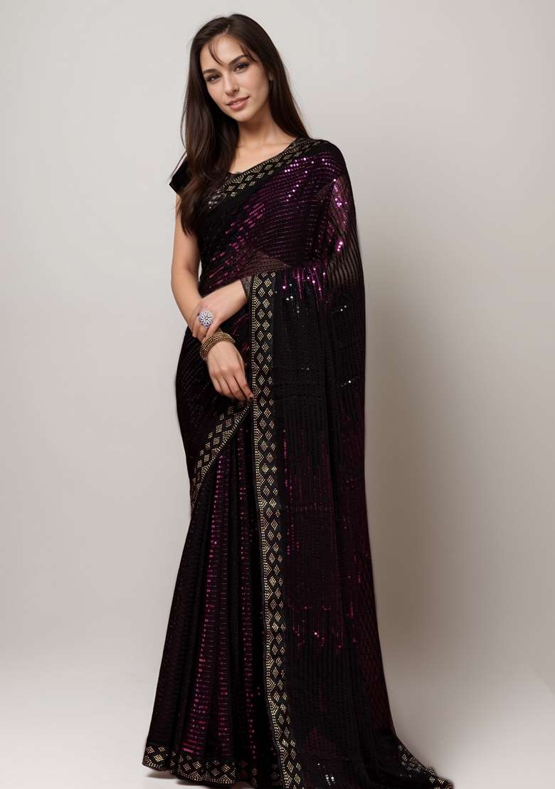 Pink Sequin Embroidered Georgette Saree Set - Indya