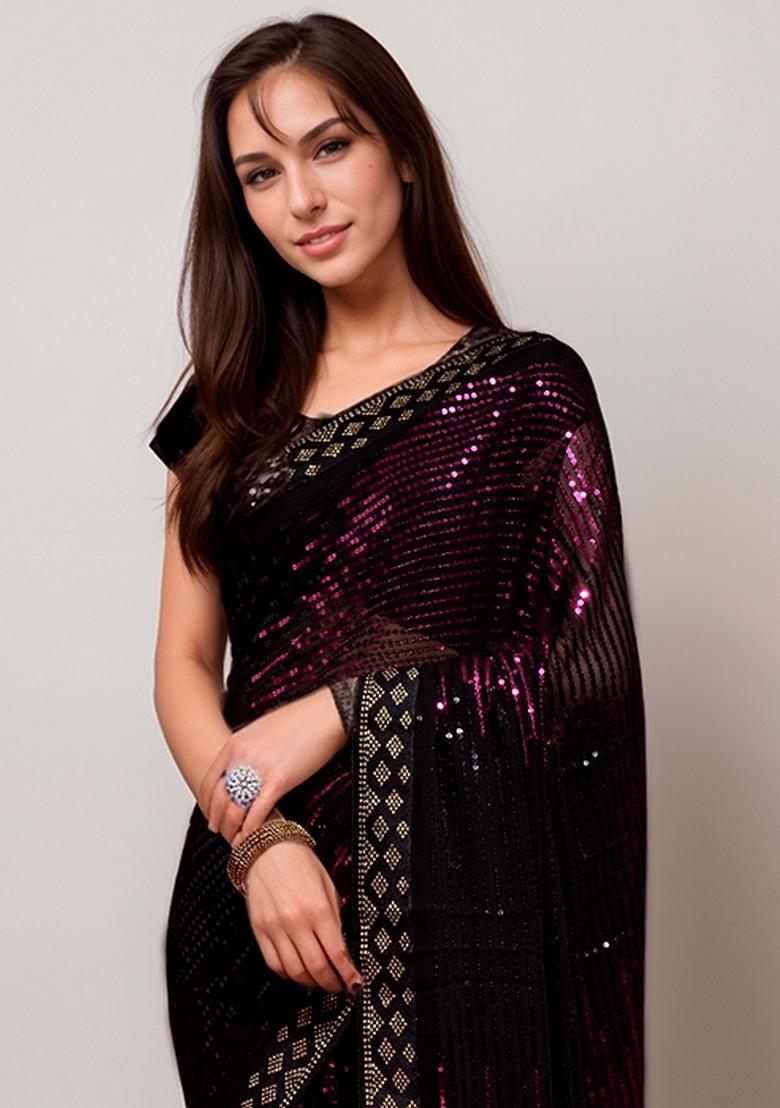 Pink Sequin Embroidered Georgette Saree Set