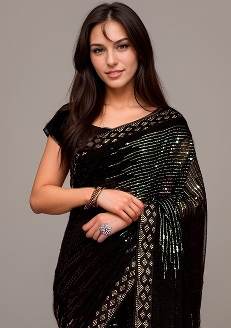 Pista Green Sequin Embroidered Georgette Saree Set