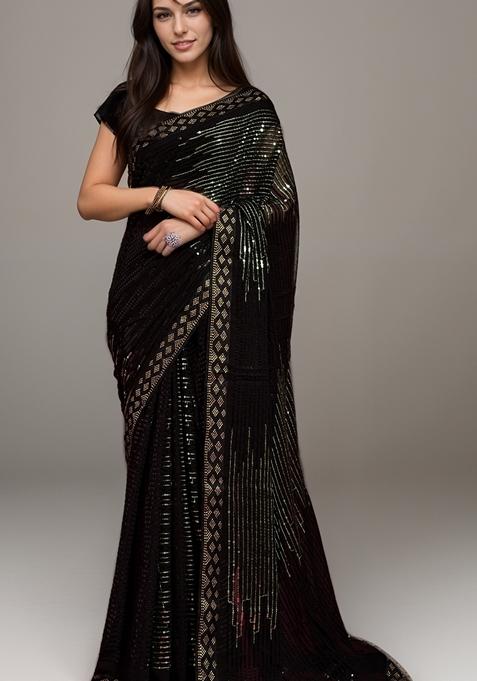 Pista Green Sequin Embroidered Georgette Saree Set