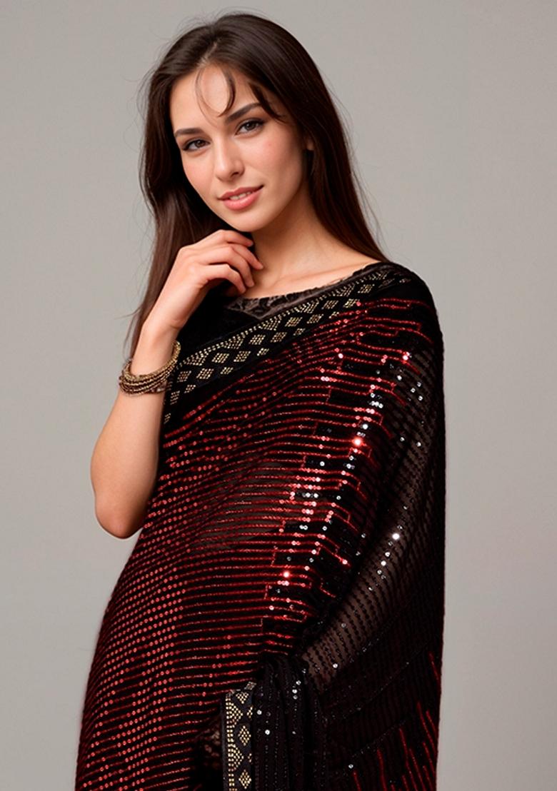 Red Sequin Embroidered Georgette Saree Set