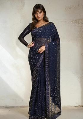 Blue Sequin Embroidered Georgette Saree Set