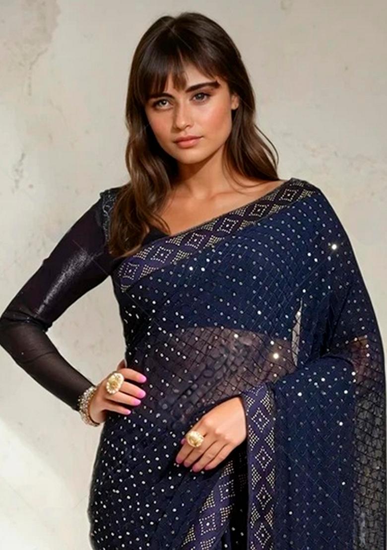 Blue Sequin Embroidered Georgette Saree Set