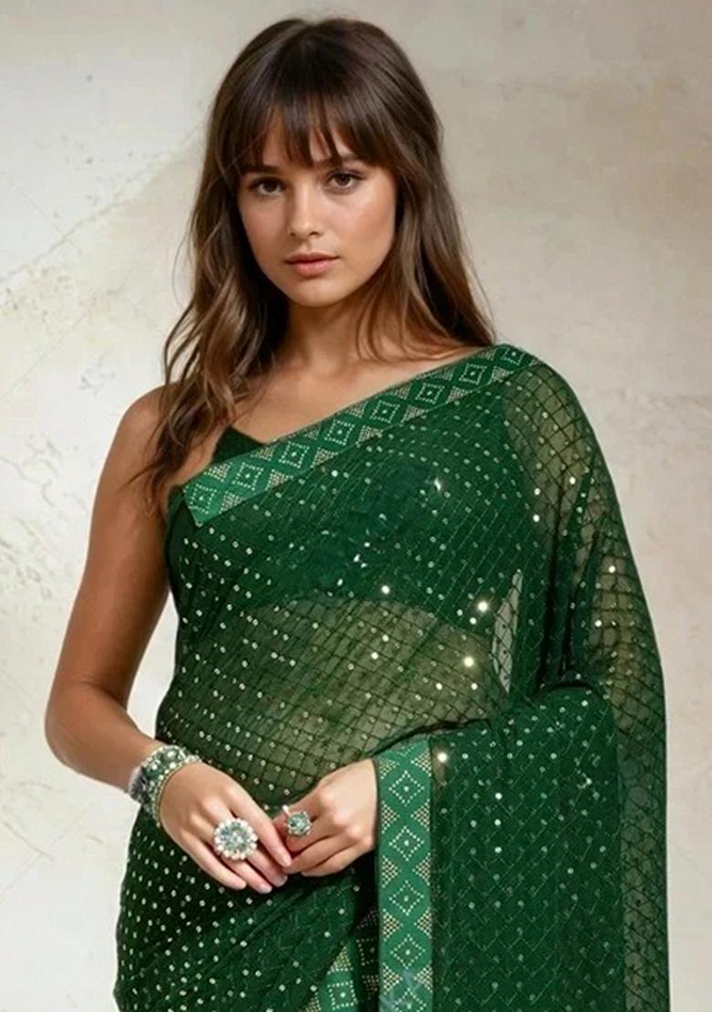 Green Sequin Embroidered Georgette Saree Set
