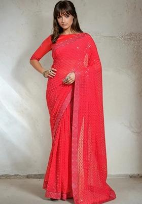 Pink Sequin Embroidered Georgette Saree Set