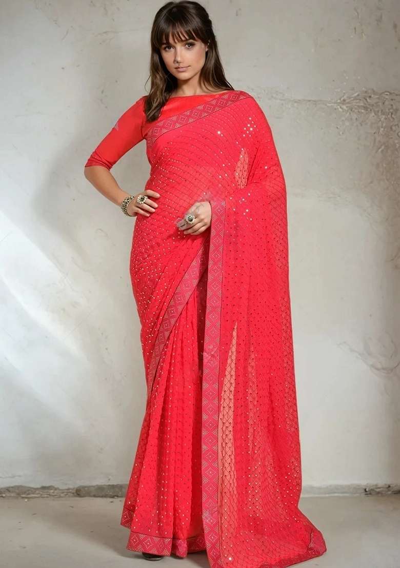 Pink Sequin Embroidered Georgette Saree Set - Indya