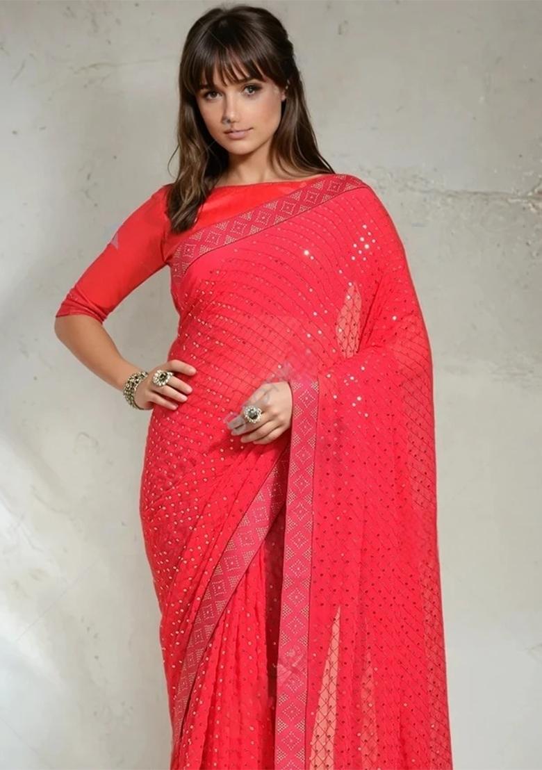 Pink Sequin Embroidered Georgette Saree Set