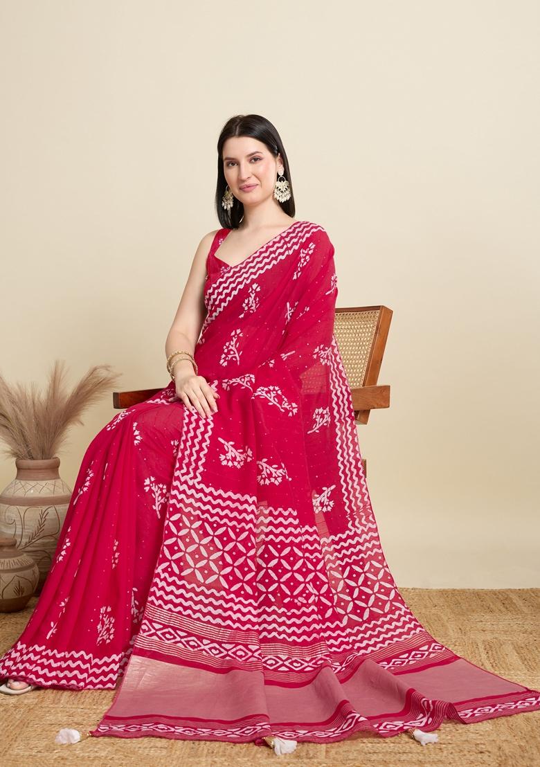Pink Woven Cotton Saree Set