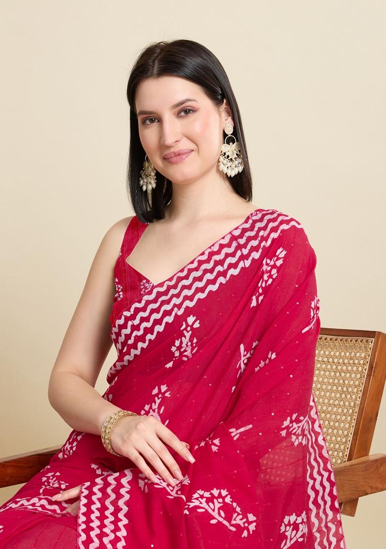 Pink Woven Cotton Saree Set