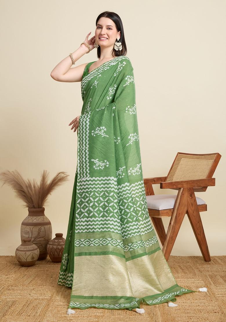 Green Woven Cotton Saree Set