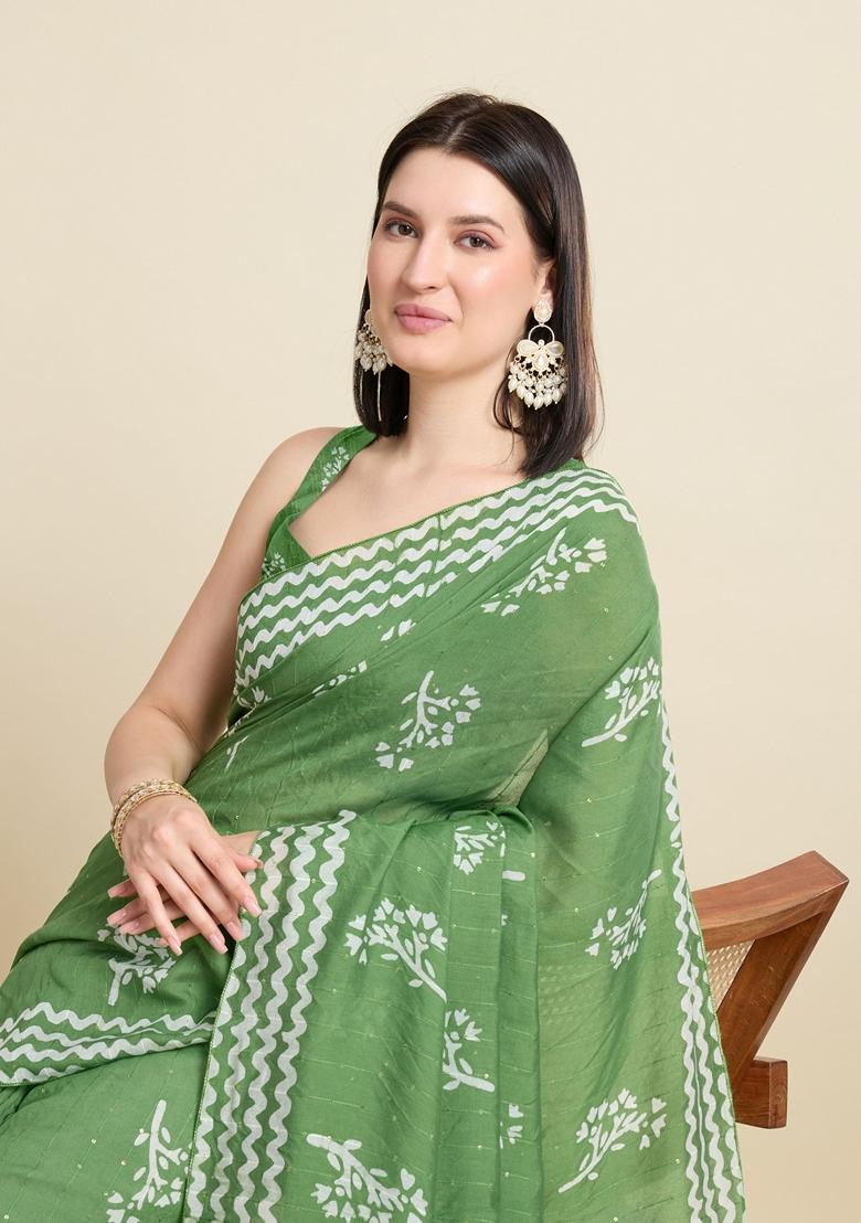 Green Woven Cotton Saree Set