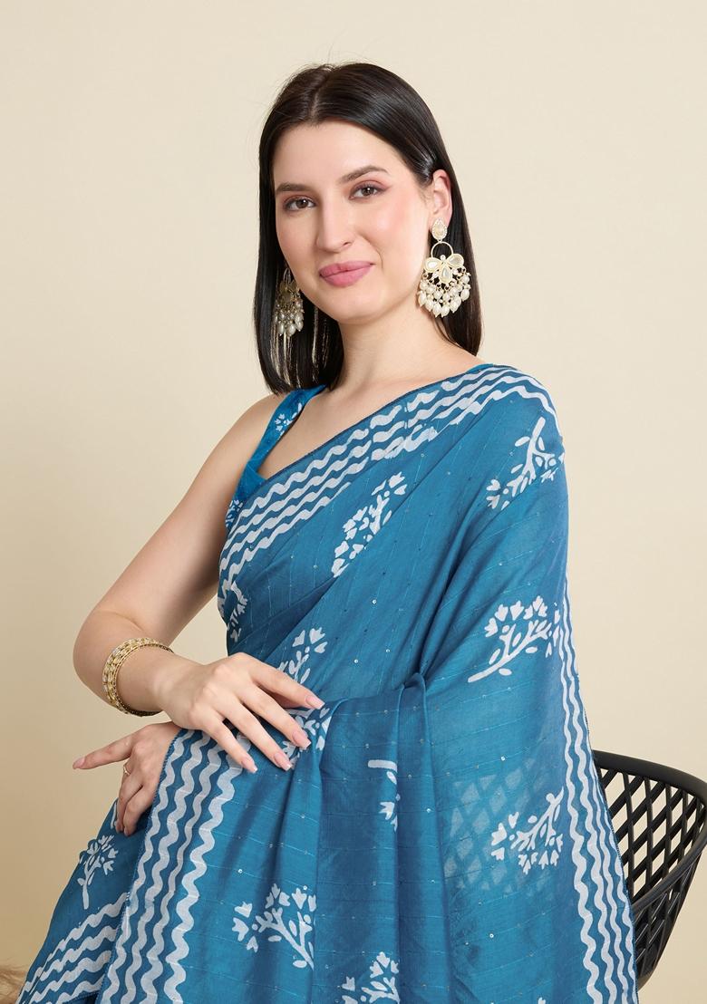 Blue Woven Cotton Saree Set