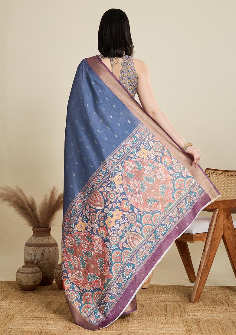 Blue Woven Cotton Saree Set