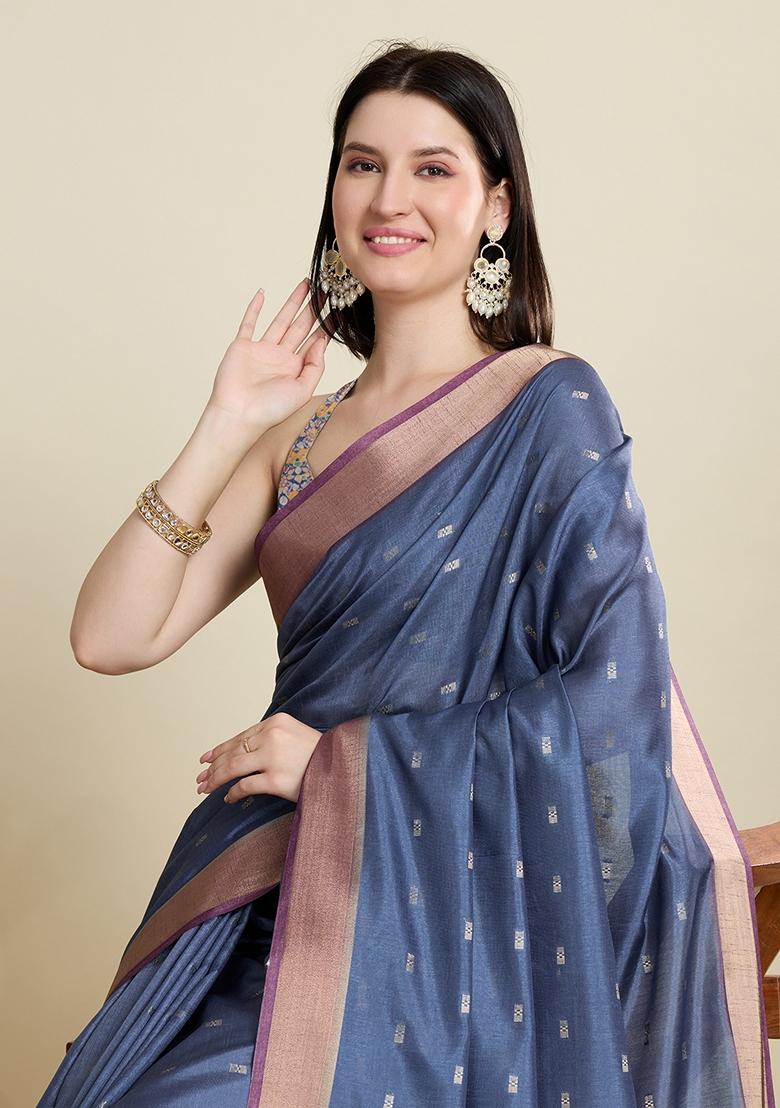 Blue Woven Cotton Saree Set