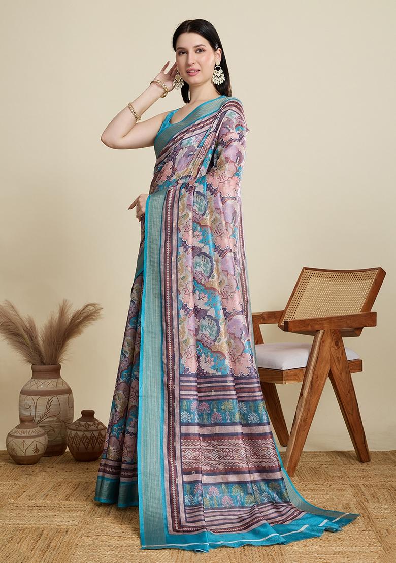 Tea Blue Woven Cotton Saree Set