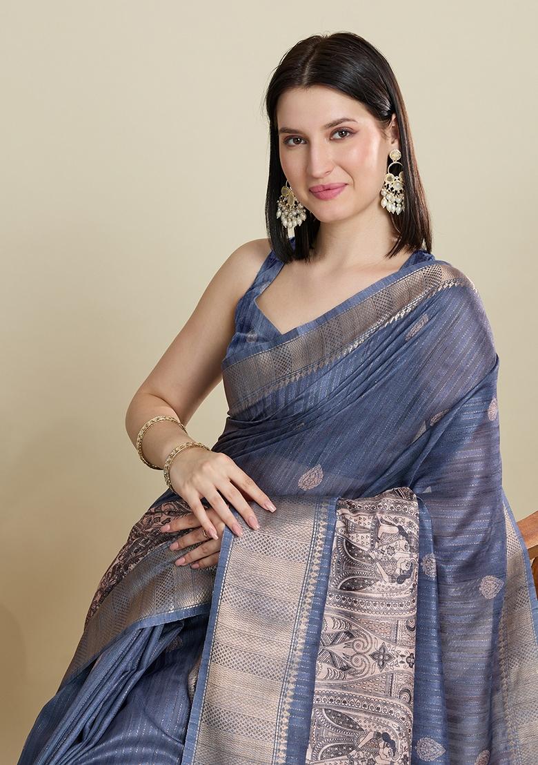 Grey Woven Cotton Saree Set