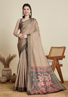 Beige Woven Cotton Saree Set
