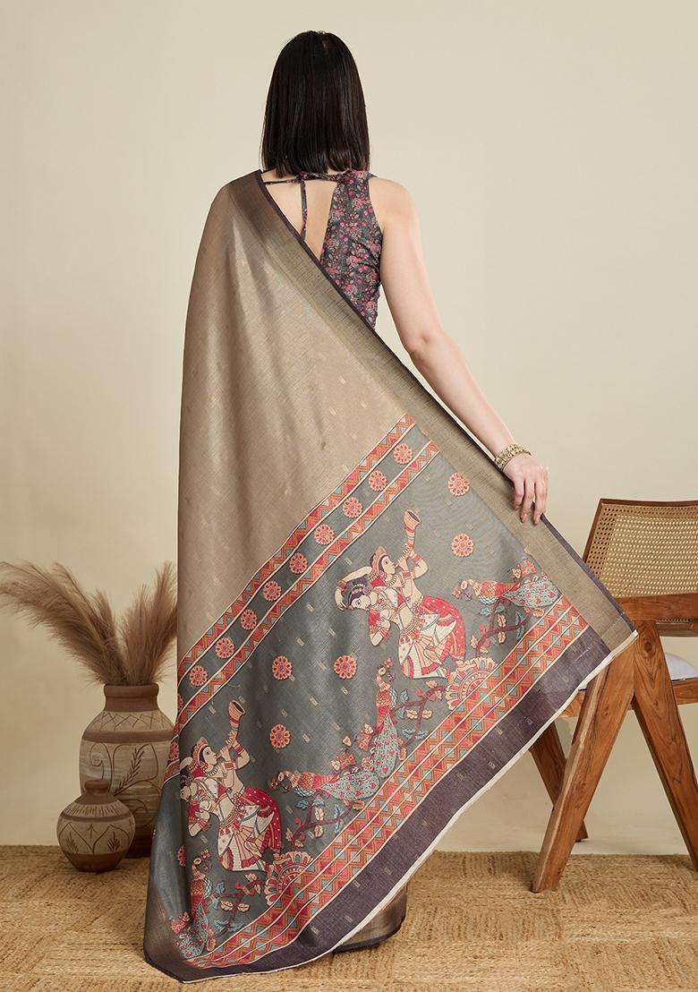 Beige Woven Cotton Saree Set