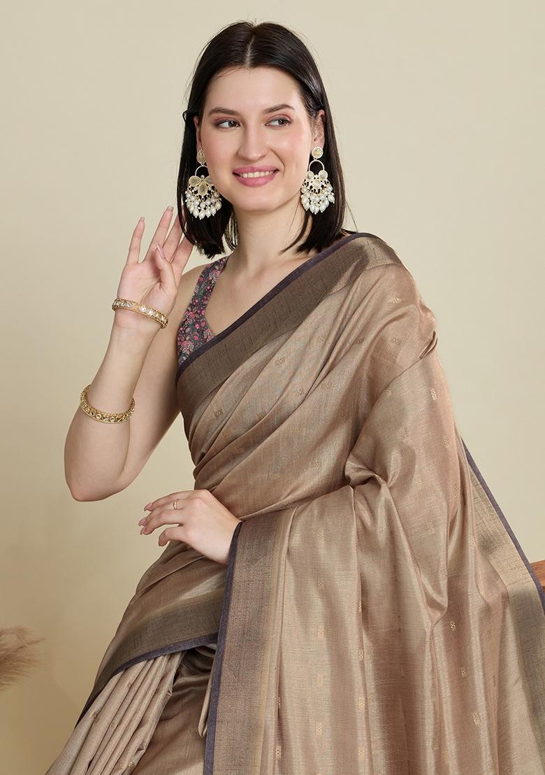 Beige Woven Cotton Saree Set