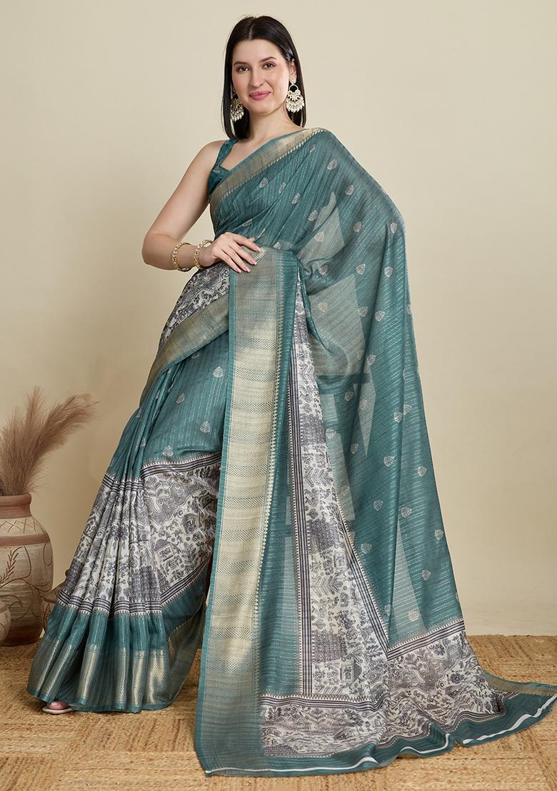 Green Woven Cotton Saree Set