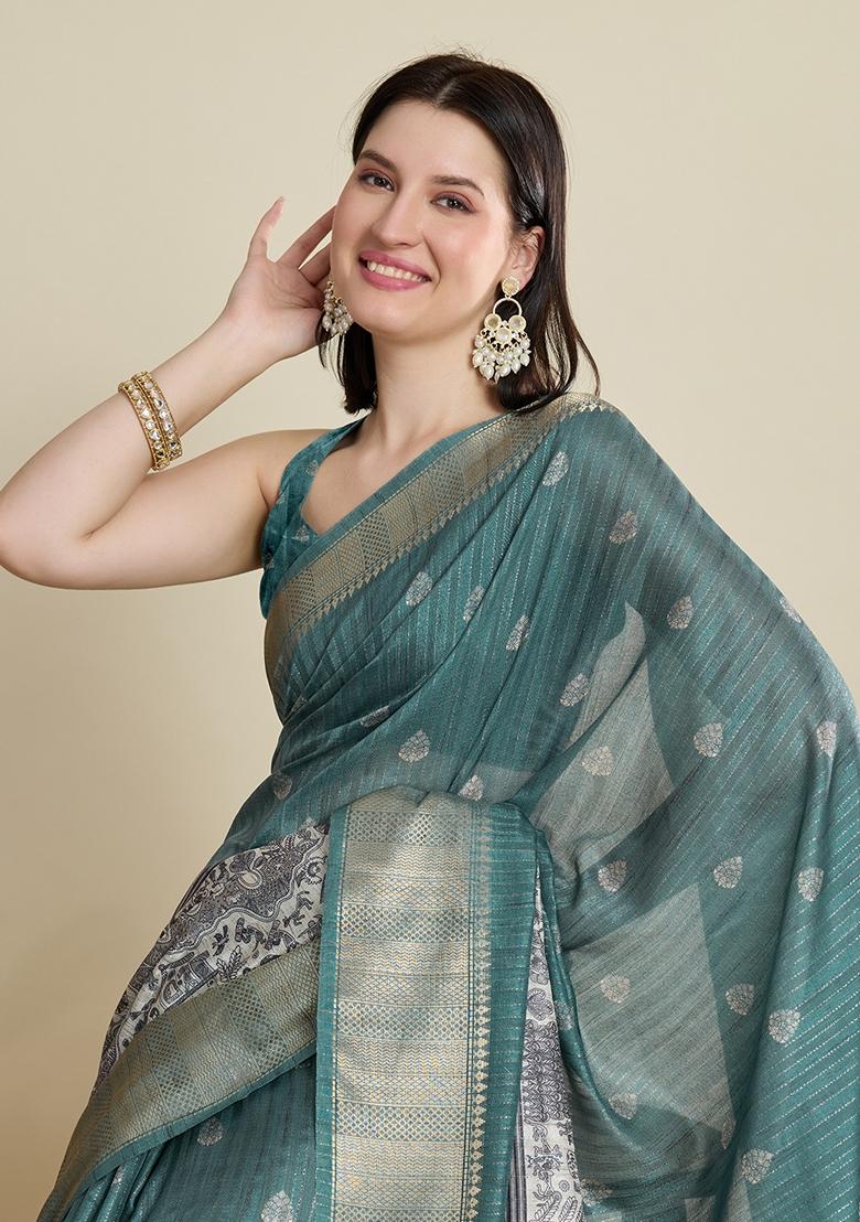 Green Woven Cotton Saree Set