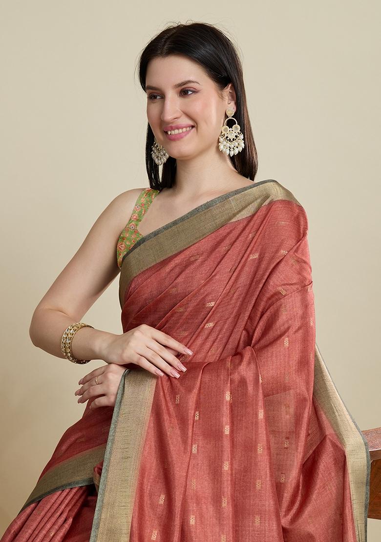 Peach Woven Cotton Saree Set