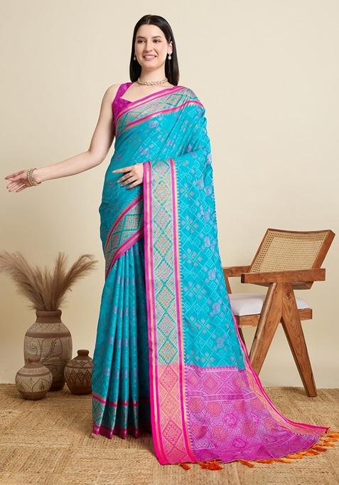 Sky Blue Woven Patola Saree Set
