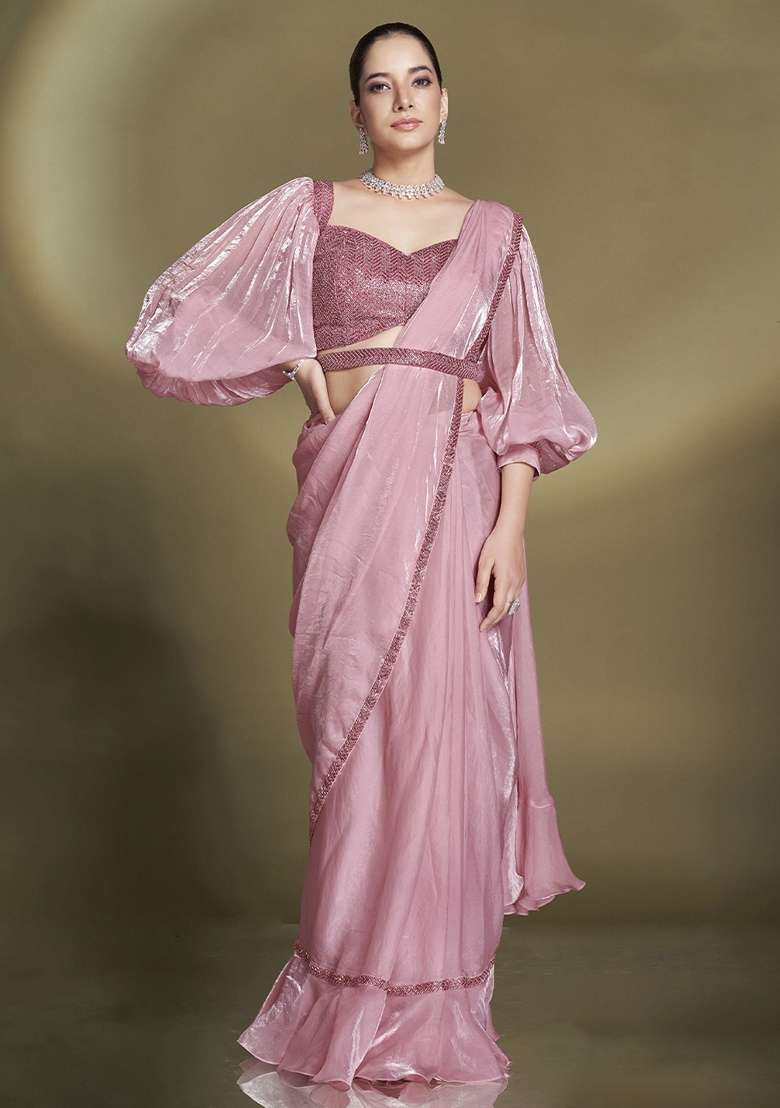 Baby Pink Sequin Embroidered Silk Blend Saree Set - Indya