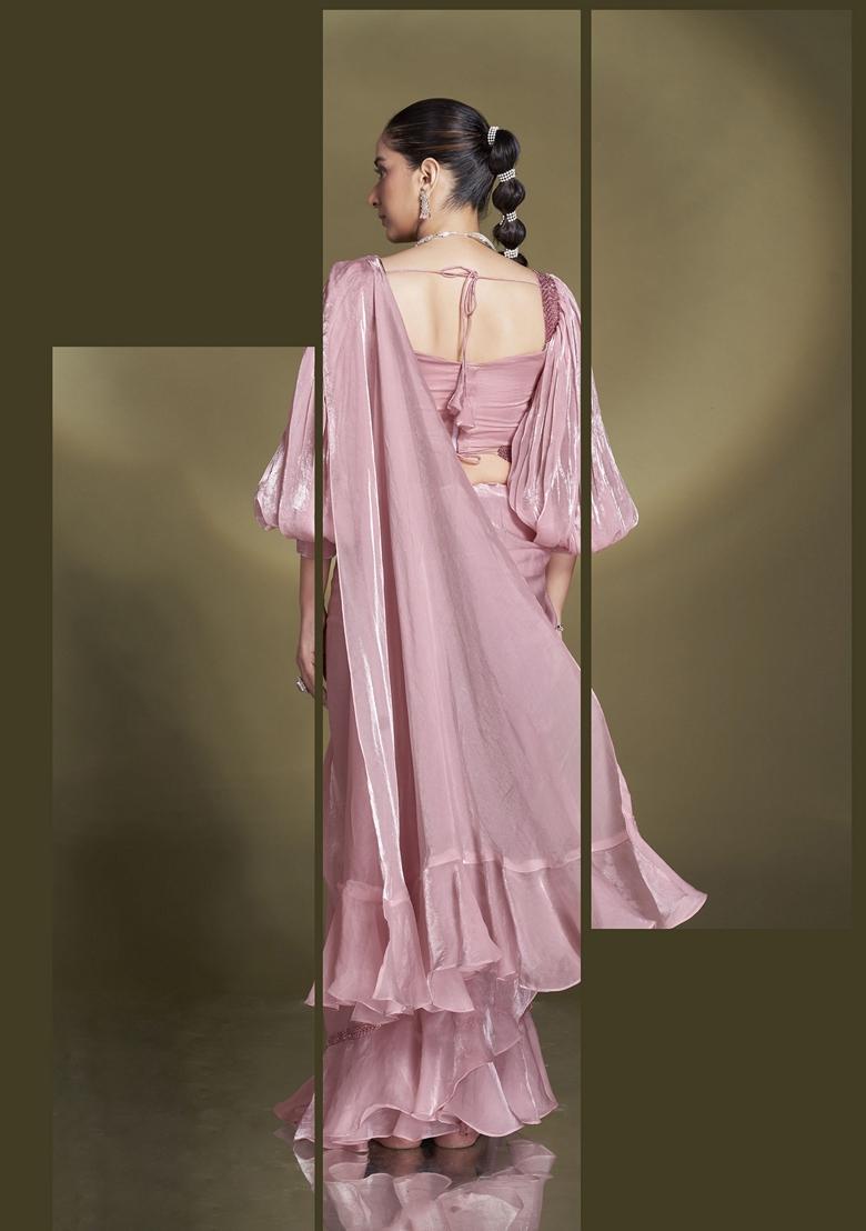 Baby Pink Sequin Embroidered Silk Blend Saree Set