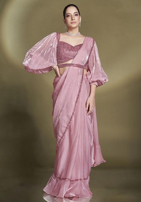 Baby Pink Sequin Embroidered Silk Blend Saree Set