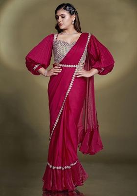 Pink Sequin Embroidered Crepe Saree Set