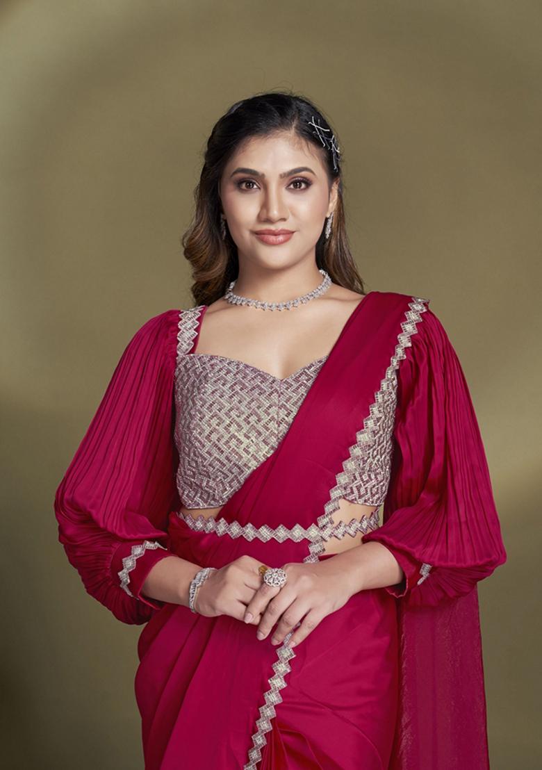 Pink Sequin Embroidered Crepe Saree Set