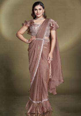 Rust Brown Sequin Embroidered Silk Blend Saree Set
