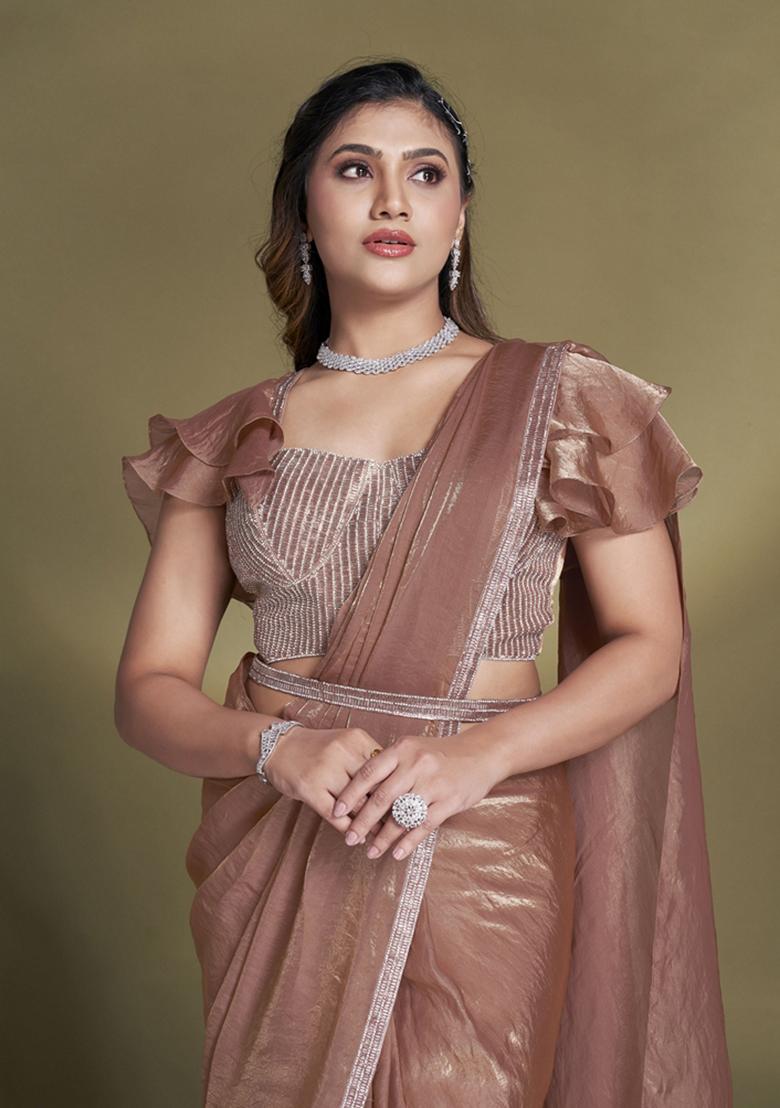 Rust Brown Sequin Embroidered Silk Blend Saree Set