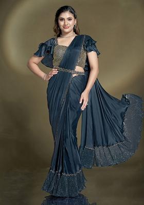 Teal Blue Sequin Embroidered Crepe Saree Set