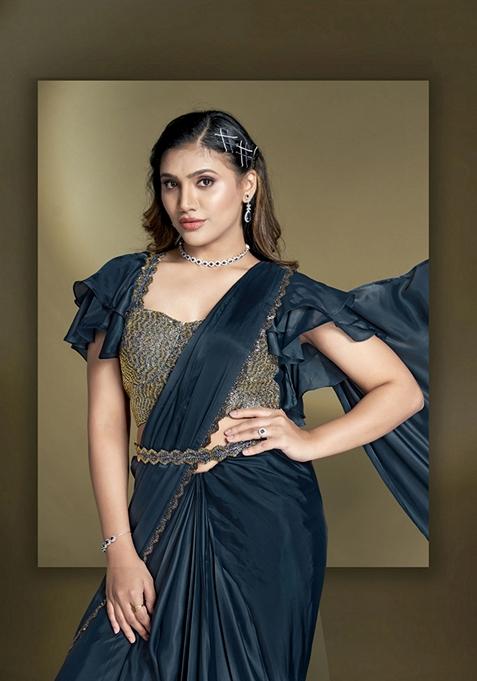 Teal Blue Sequin Embroidered Crepe Saree Set