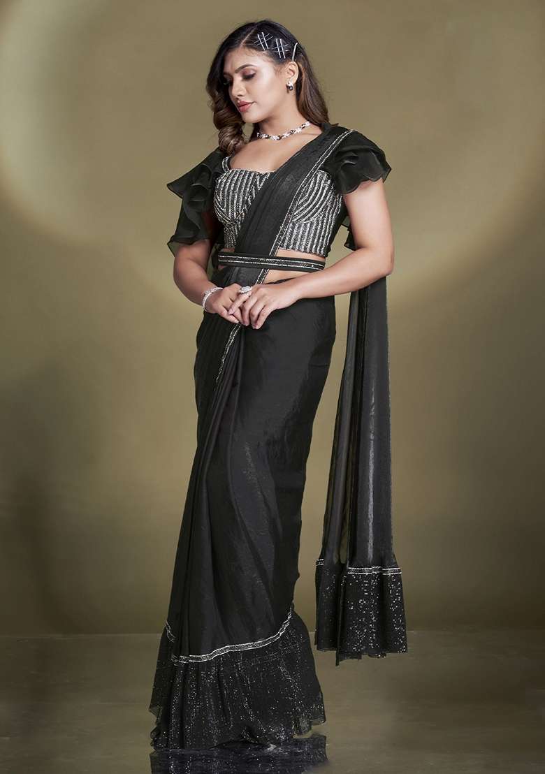Black Sequin Embroidered Silk Blend Saree Set - Indya