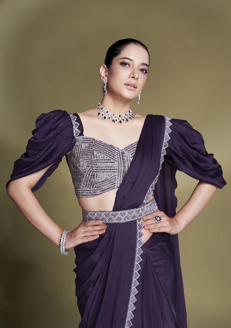 Purple Sequin Embroidered Crepe Saree Set
