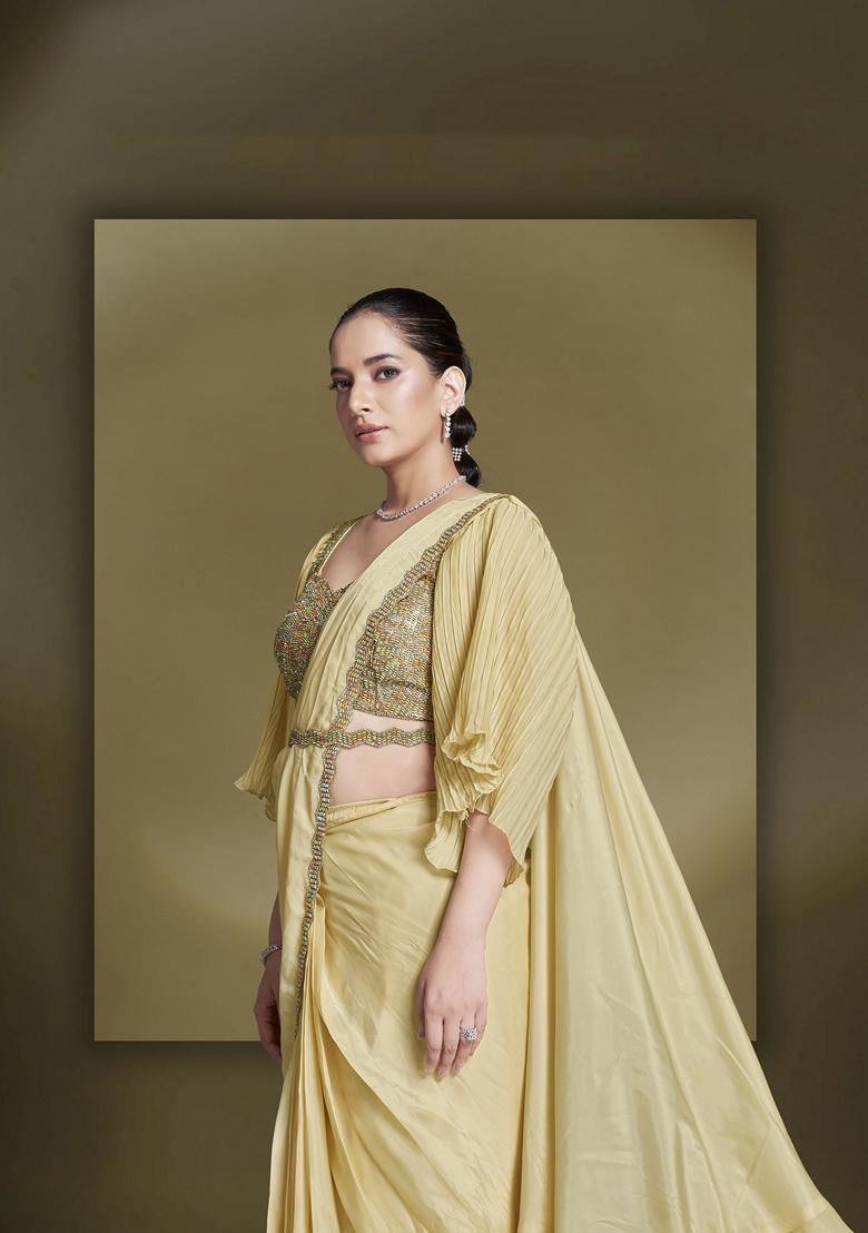Yellow Sequin Embroidered Crepe Saree Set