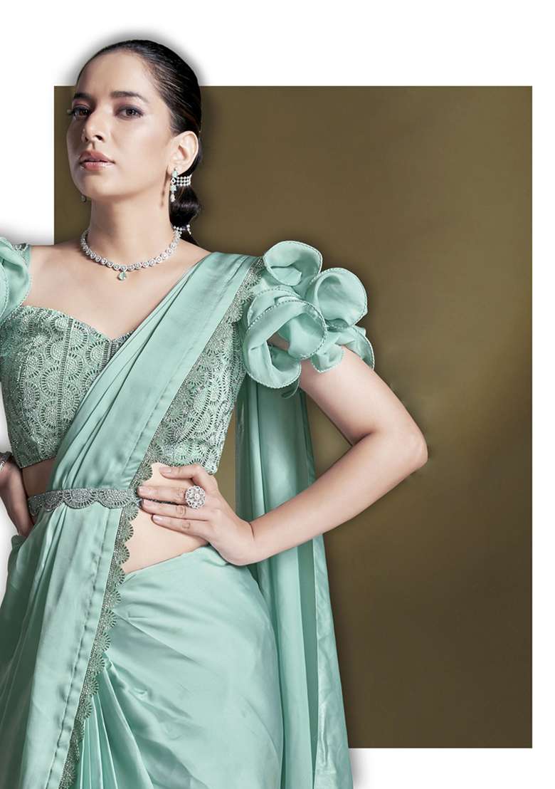 Sea Green Sequin Embroidered Crepe Saree Set - Indya