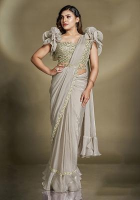 Grey Sequin Embroidered Silk Blend Saree Set
