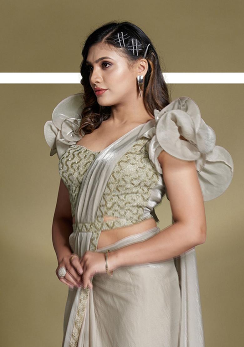 Grey Sequin Embroidered Silk Blend Saree Set