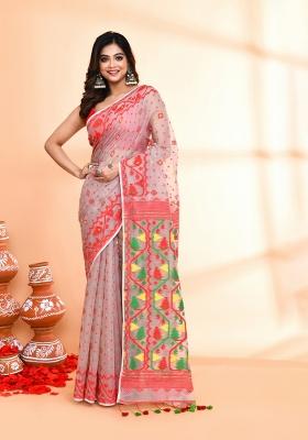 Cane Beige Jamdani Cotton Blend Saree Set
