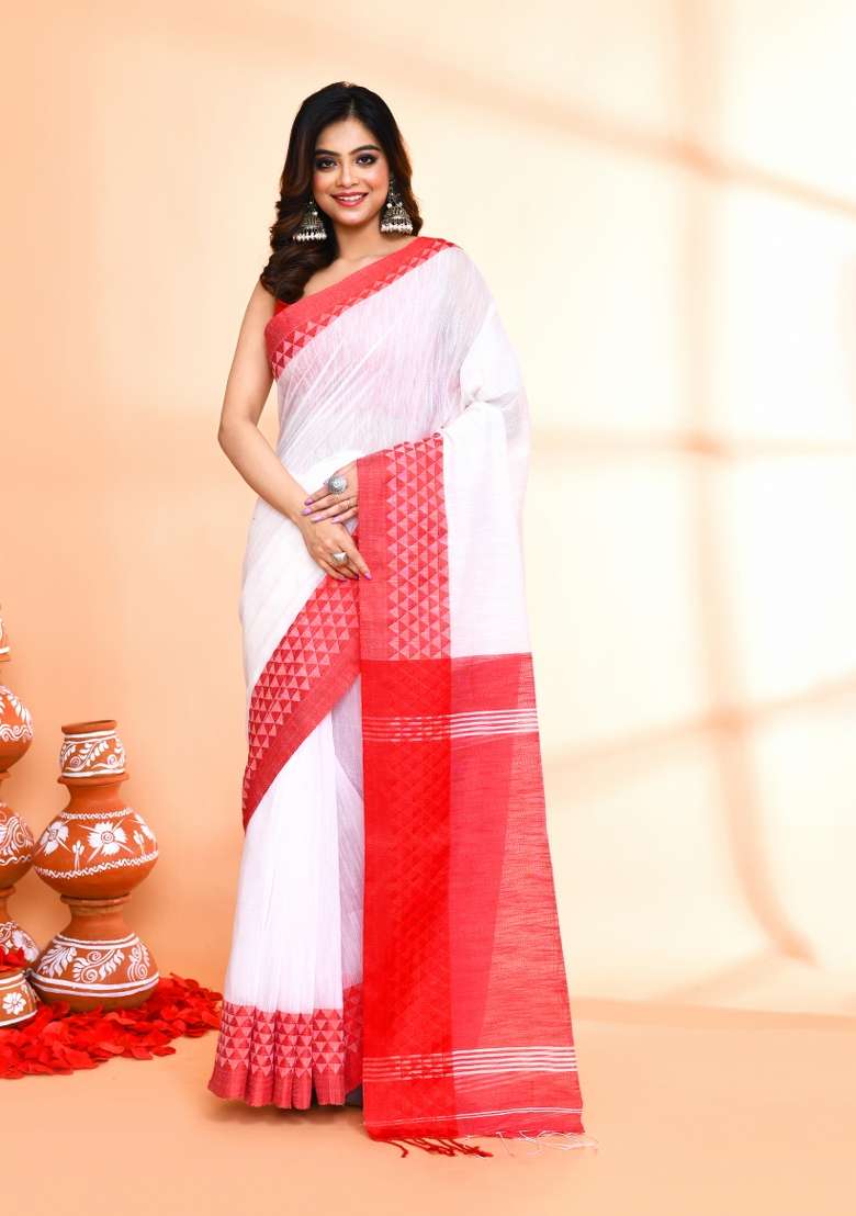 White Hand Blend Cotton Saree Set with Embroidered for Diwali | Wedding & Festive Wear - Indya