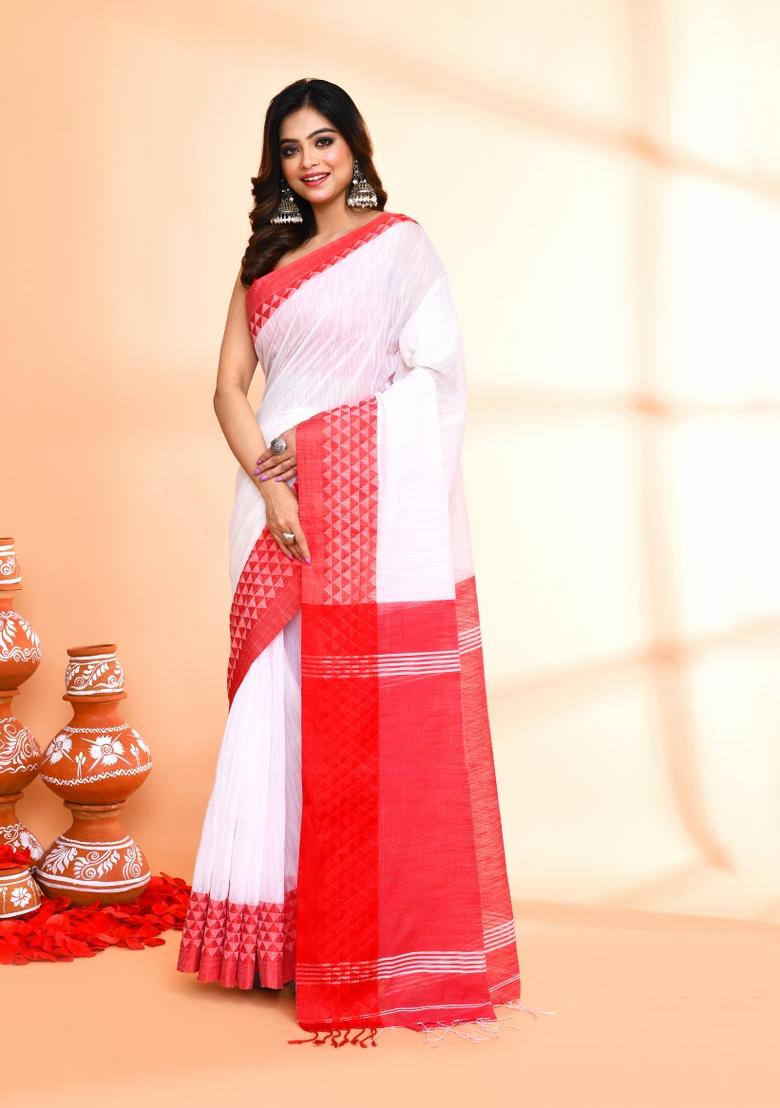 White Hand Embroidered Cotton Blend Saree Set