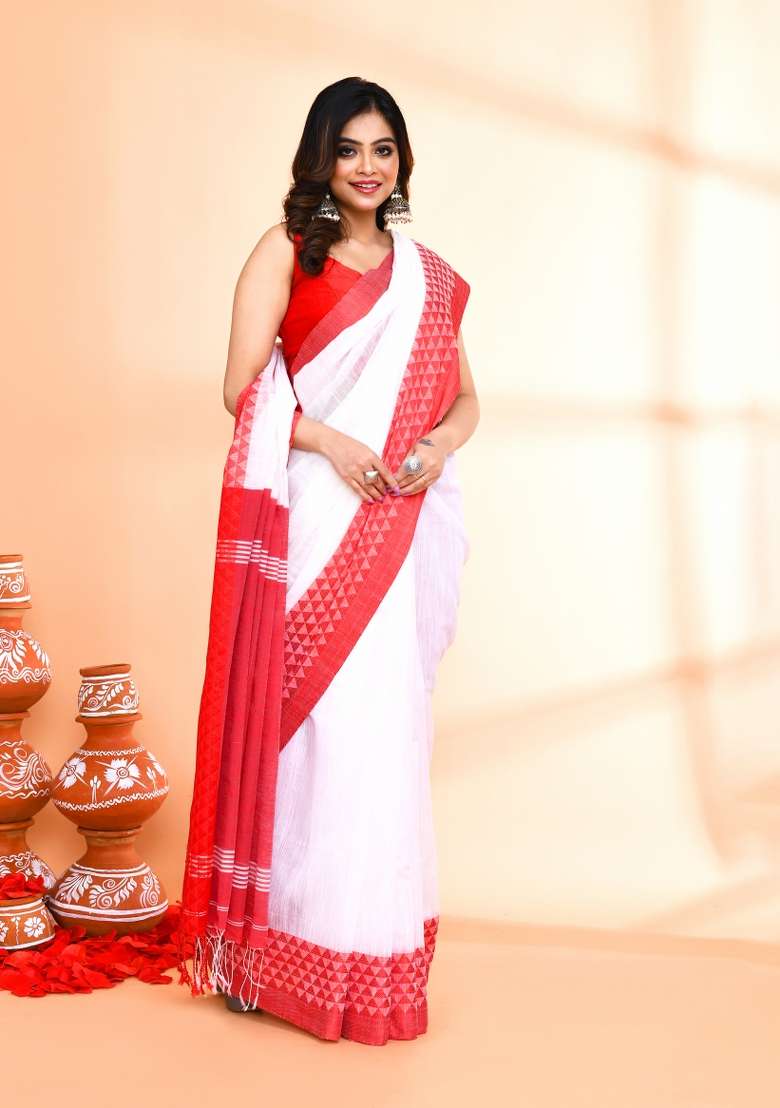 White Hand Blend Cotton Saree Set with Embroidered for Diwali | Wedding & Festive Wear - Indya