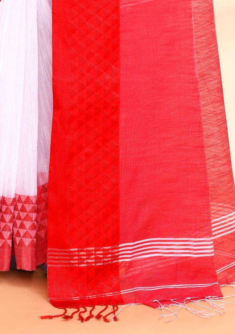 White Hand Embroidered Cotton Blend Saree Set