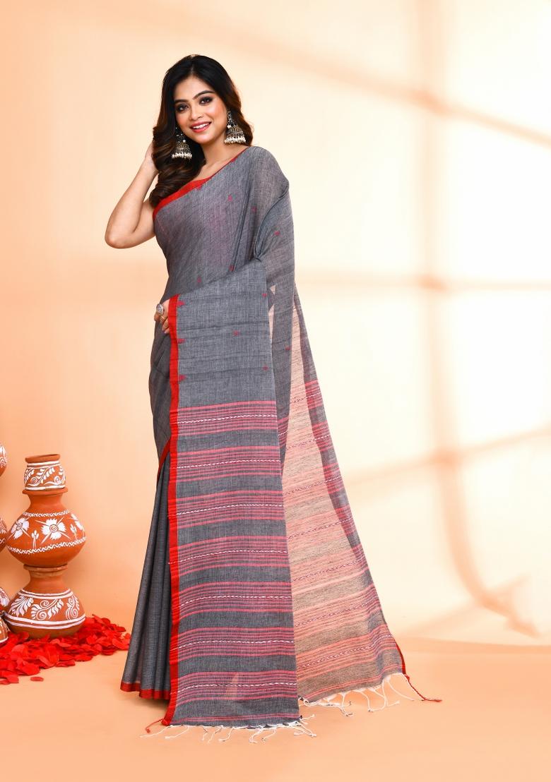 Grey Hand Embroidered Cotton Saree Set