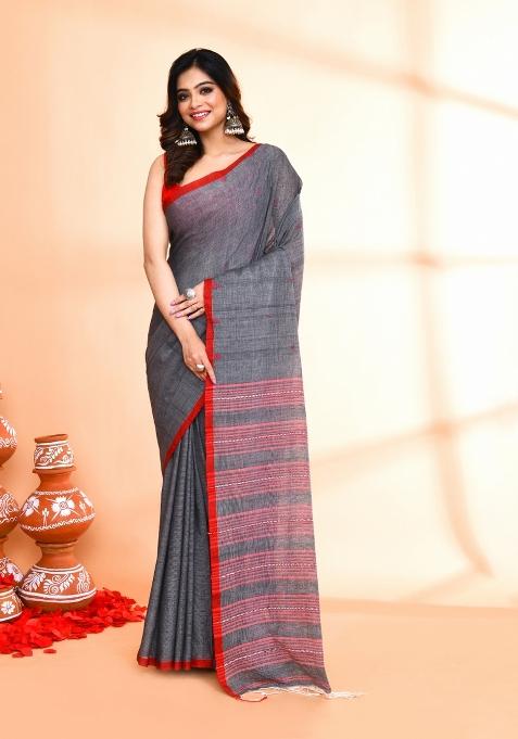 Grey Hand Embroidered Cotton Saree Set